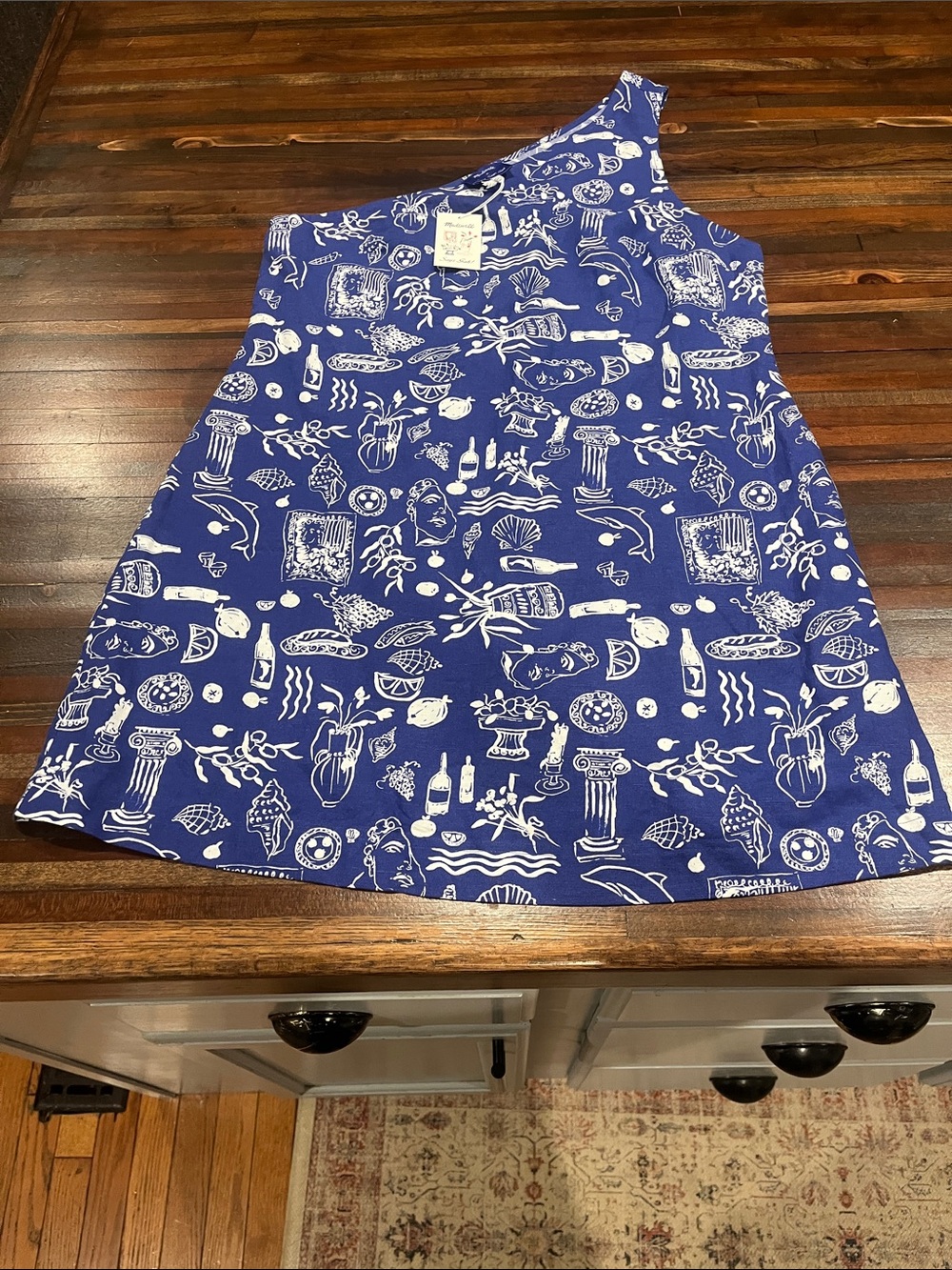 Madewell x Lisa Says Gah One-Shoulder linen blend blue & White dress 14